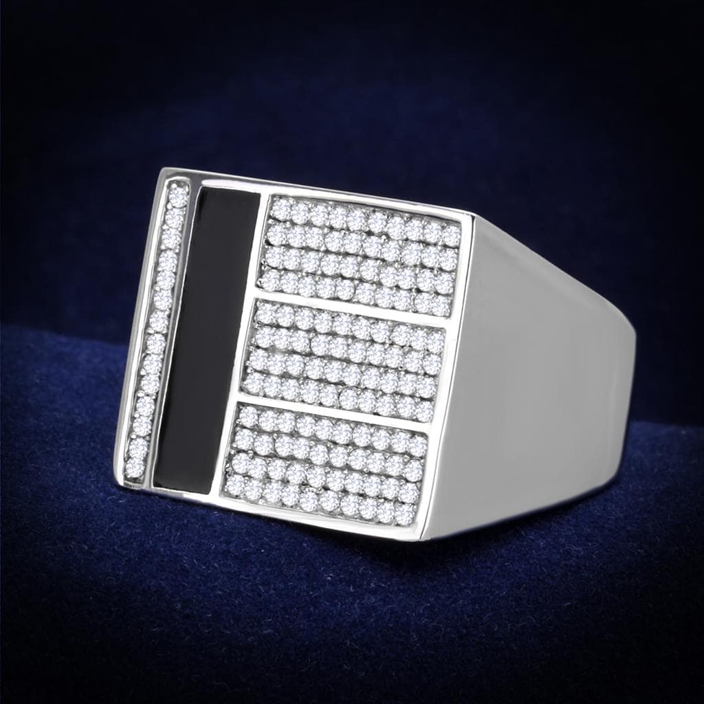Sterling Silver Black Onyx CZ Pave Square Signet Ring