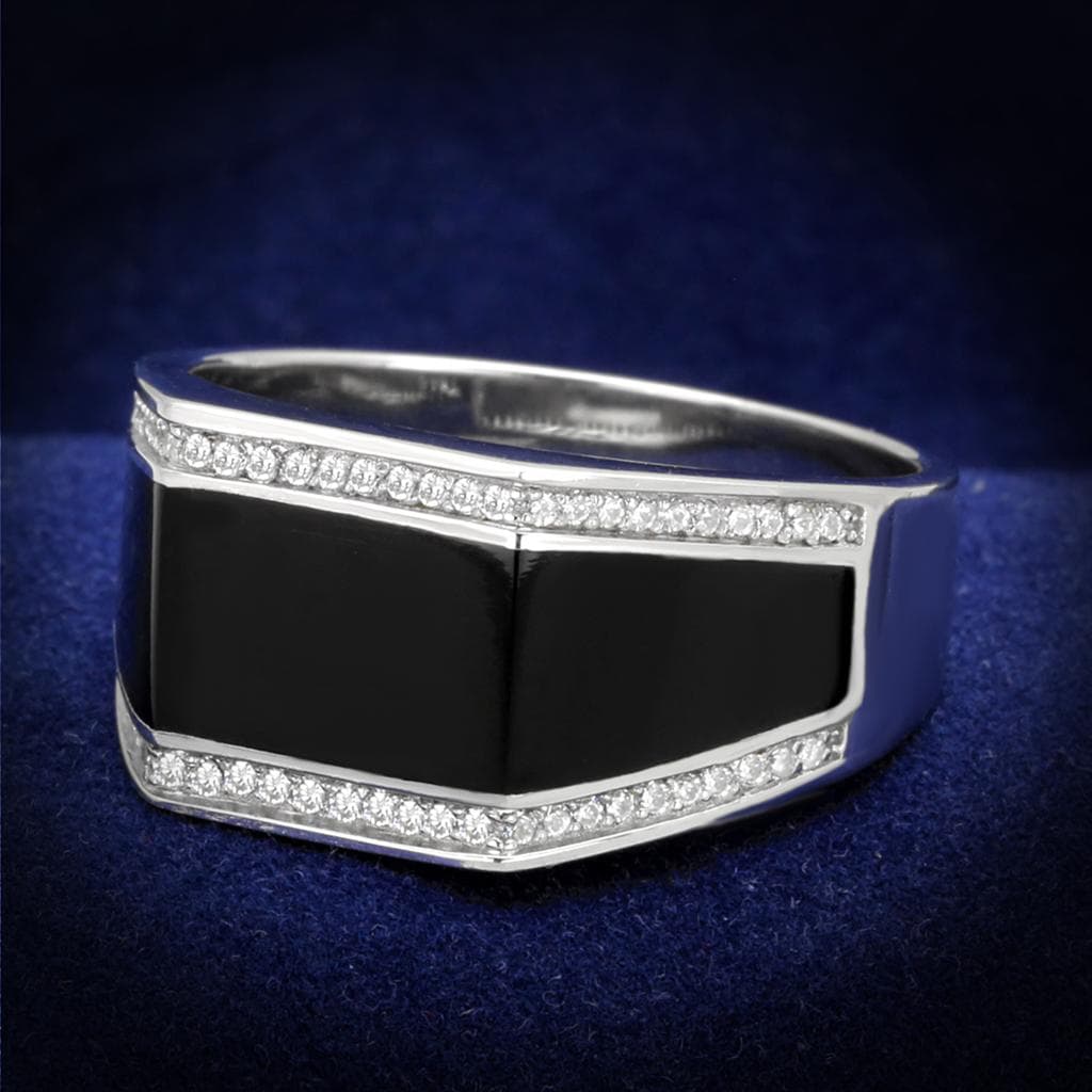 Sterling Silver Black Onyx CZ Pave Large Rectangular Signet Ring