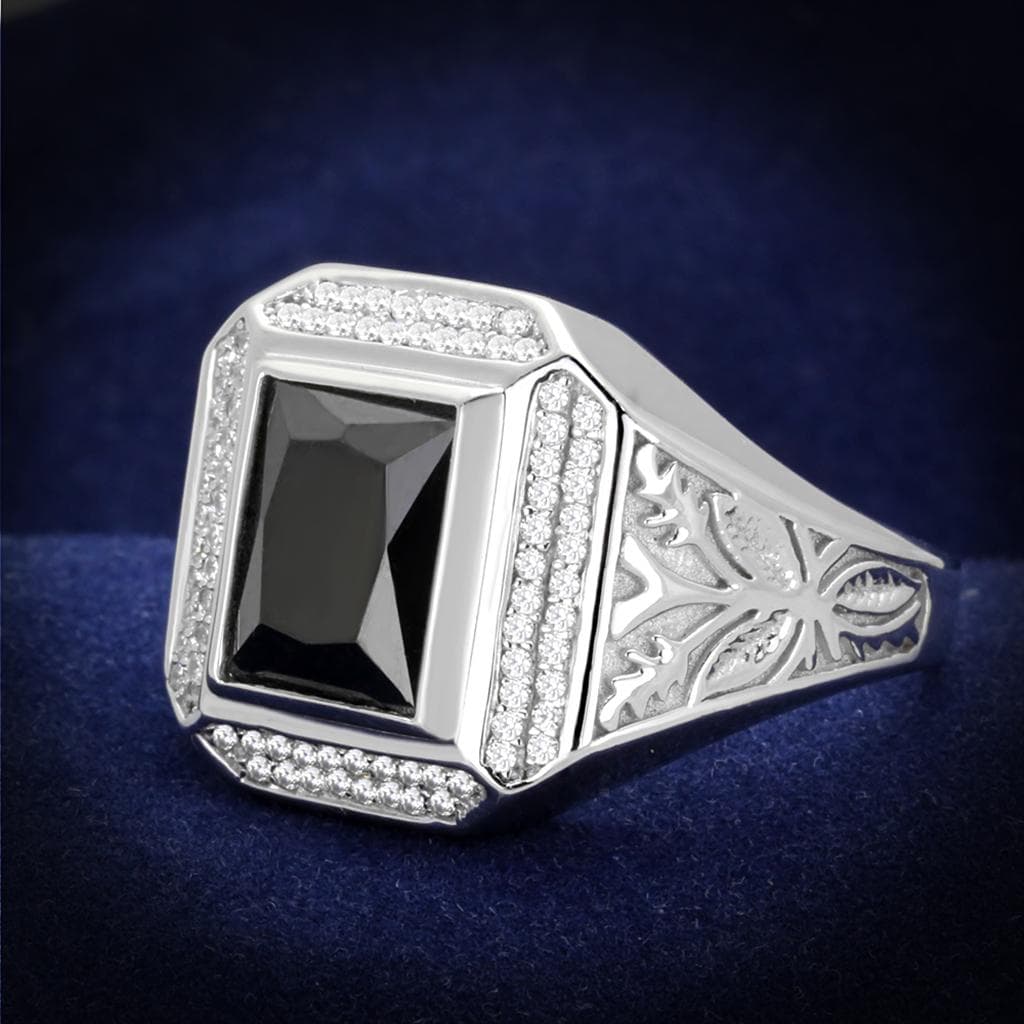 Sterling Silver Black CZ Emerald Cut Halo Filigree Signet Ring