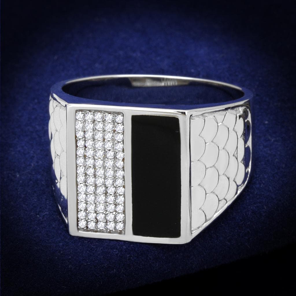 Sterling Silver Black Onyx CZ Pave Stripe Flat Signet Ring