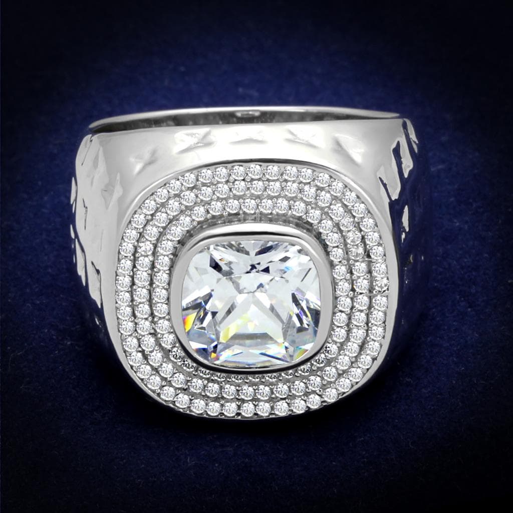 Sterling Silver CZ Cushion Double Halo Hammered Wide Ring