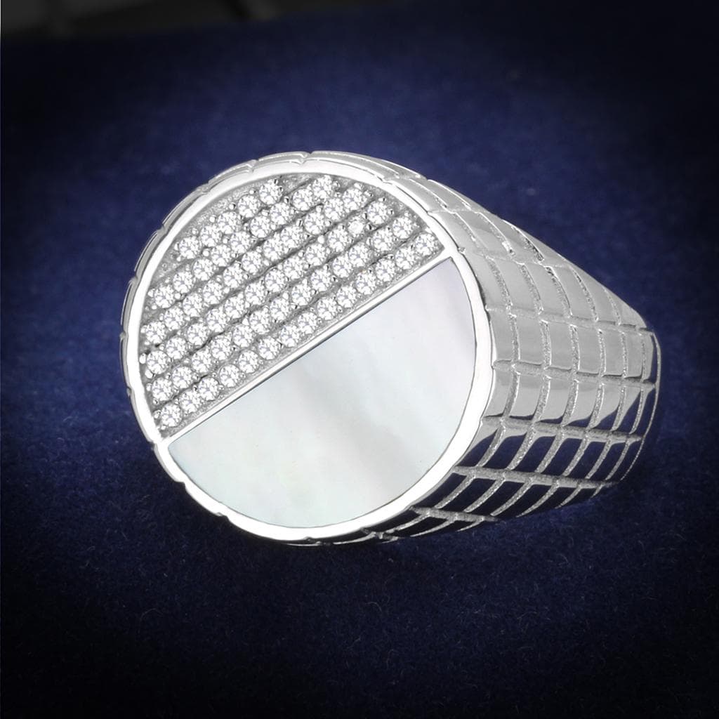 Sterling Silver CZ Pave Round Half Moon Dome Signet Ring