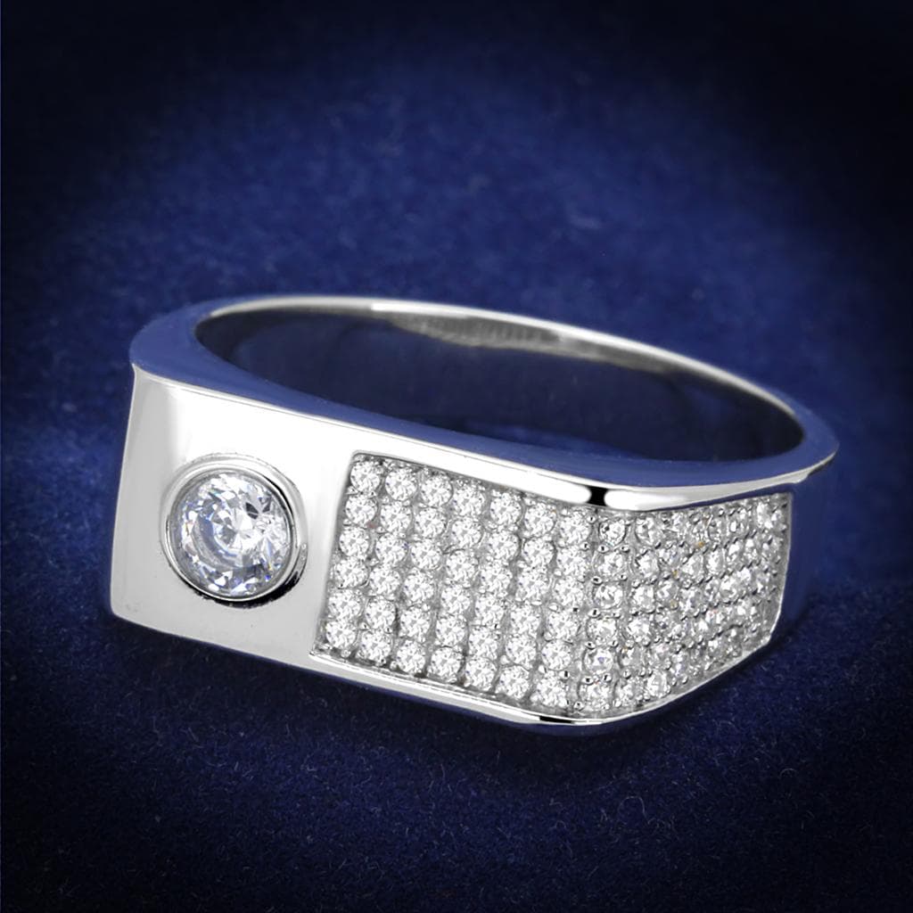 Sterling Silver CZ Round Bezel Pave Rectangle Band Ring