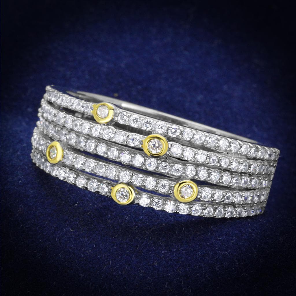 Sterling Silver Gold Two Tone CZ Multi Row Bezel Station Ring