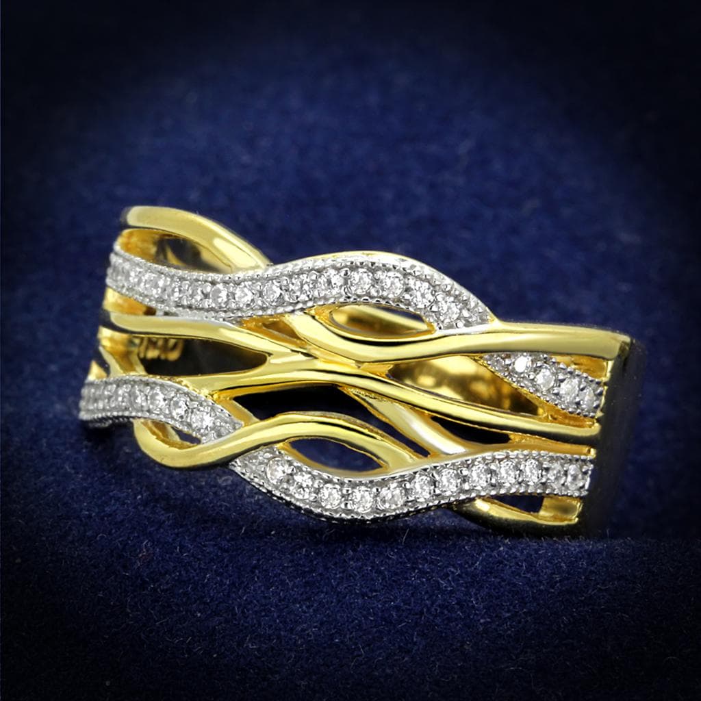 Sterling Silver Gold Two Tone CZ Wave Vine Crossover Wide Ring