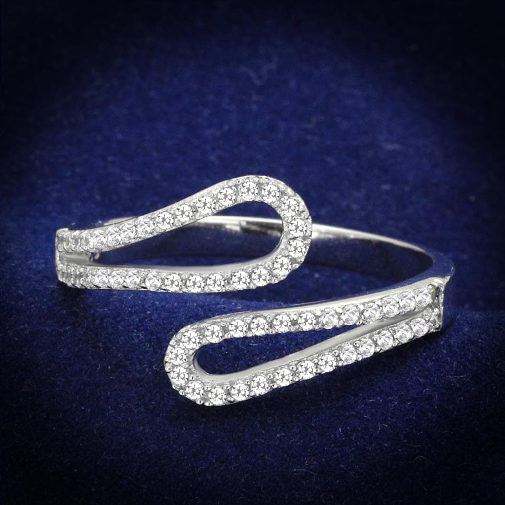 Sterling Silver CZ Pave Double Wave Curved Thin Ring