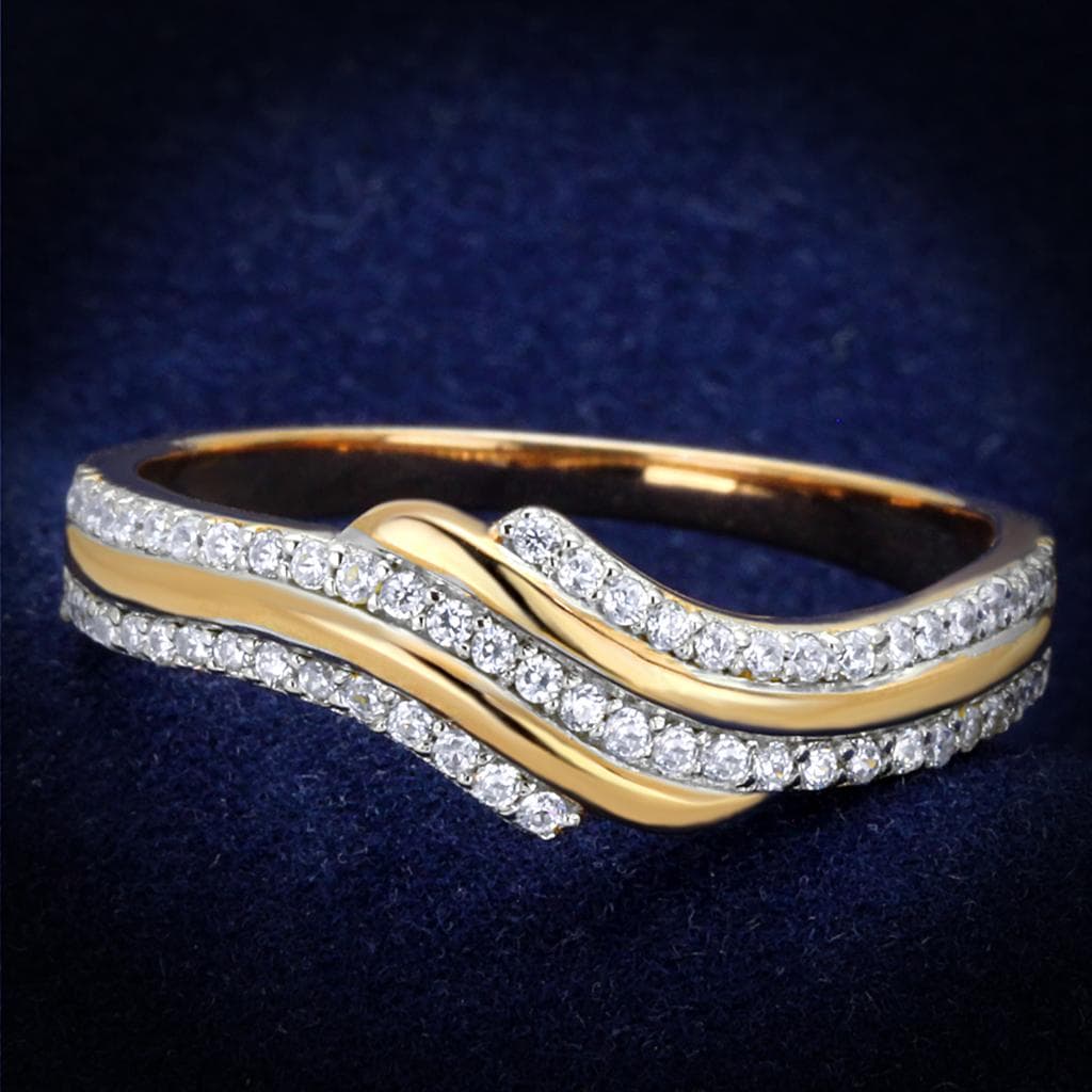 Sterling Silver Rose Gold CZ Wave Double Band Ring