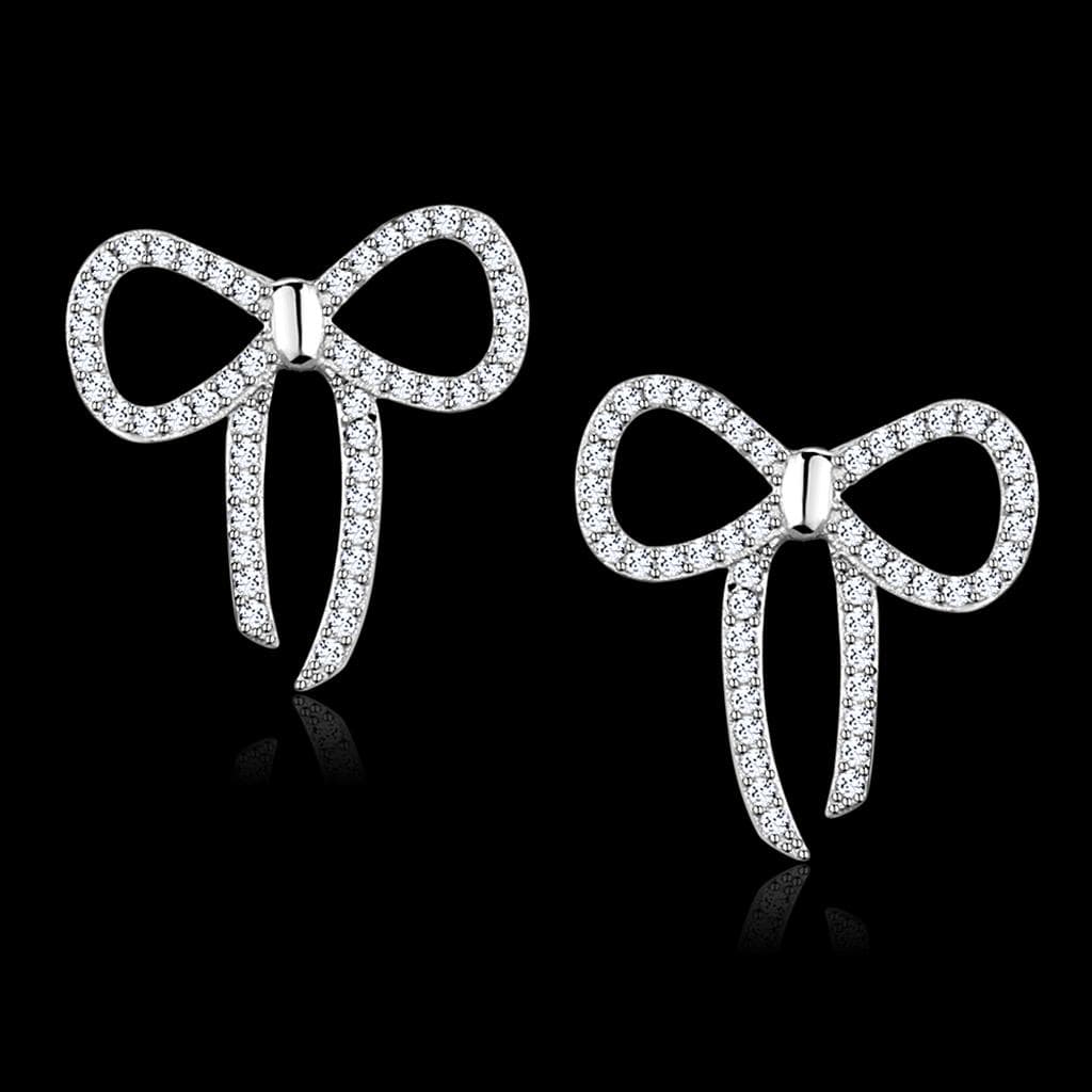 Sterling Silver CZ Pave Bow Ribbon Stud Earrings