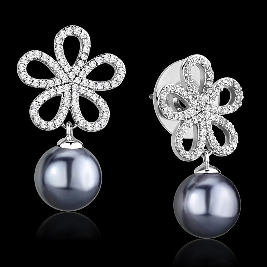 Sterling Silver CZ Flower Loop Grey Pearl Drop Earrings