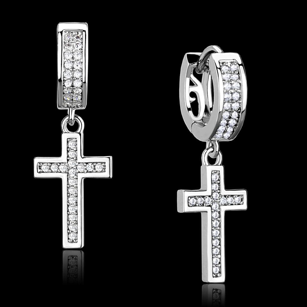 Sterling Silver CZ Pave Cross Huggie Dangle Earrings