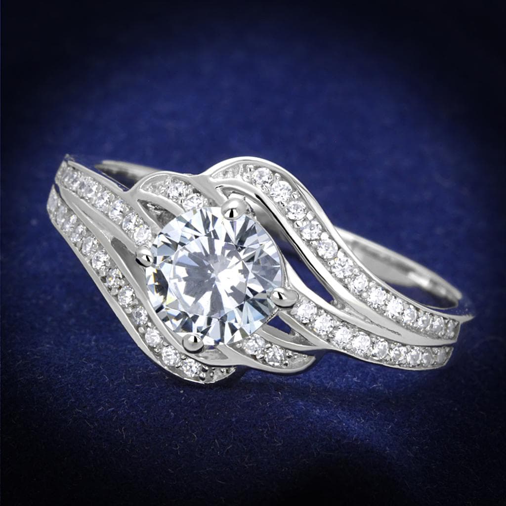 Sterling Silver CZ Round Twist Bypass Halo Bridal Set Ring