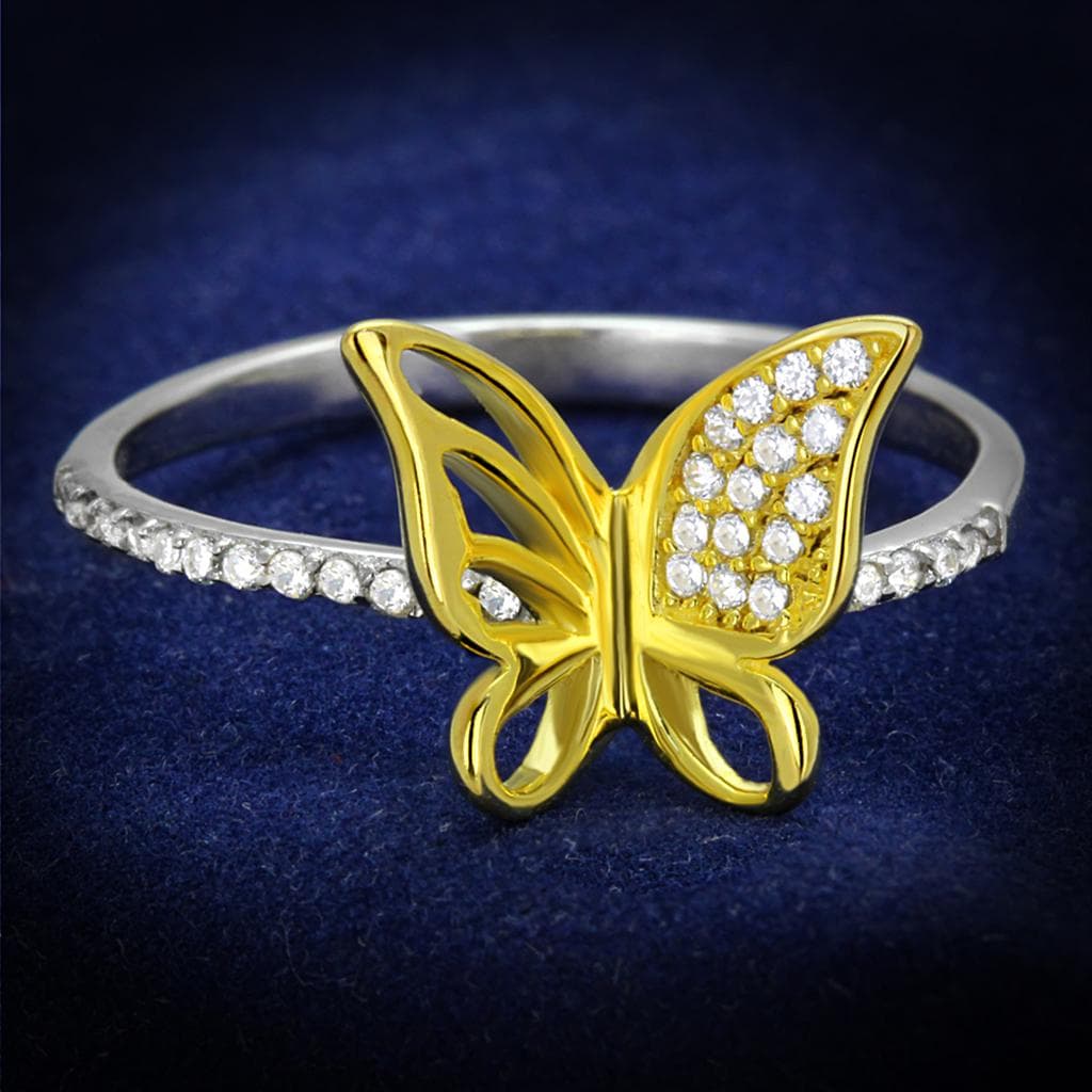Sterling Silver Gold Two Tone CZ Pave Butterfly Open Ring