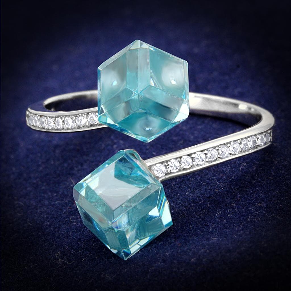 Sterling Silver Aqua CZ Raw Hexagon Crystal Pave Ring