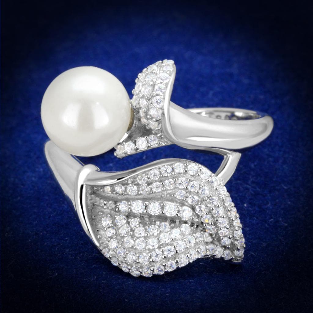 Sterling Silver Pearl CZ Pave Leaf Wrap Bypass Ring
