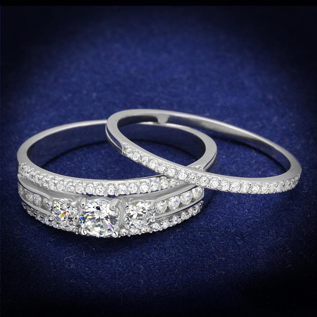 Sterling Silver CZ Round Halo Pave Bridal Set Ring