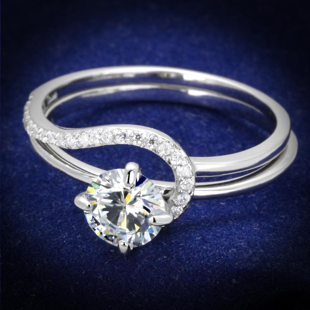 Sterling Silver CZ Round Solitaire Curved Pave Bridal Set Ring