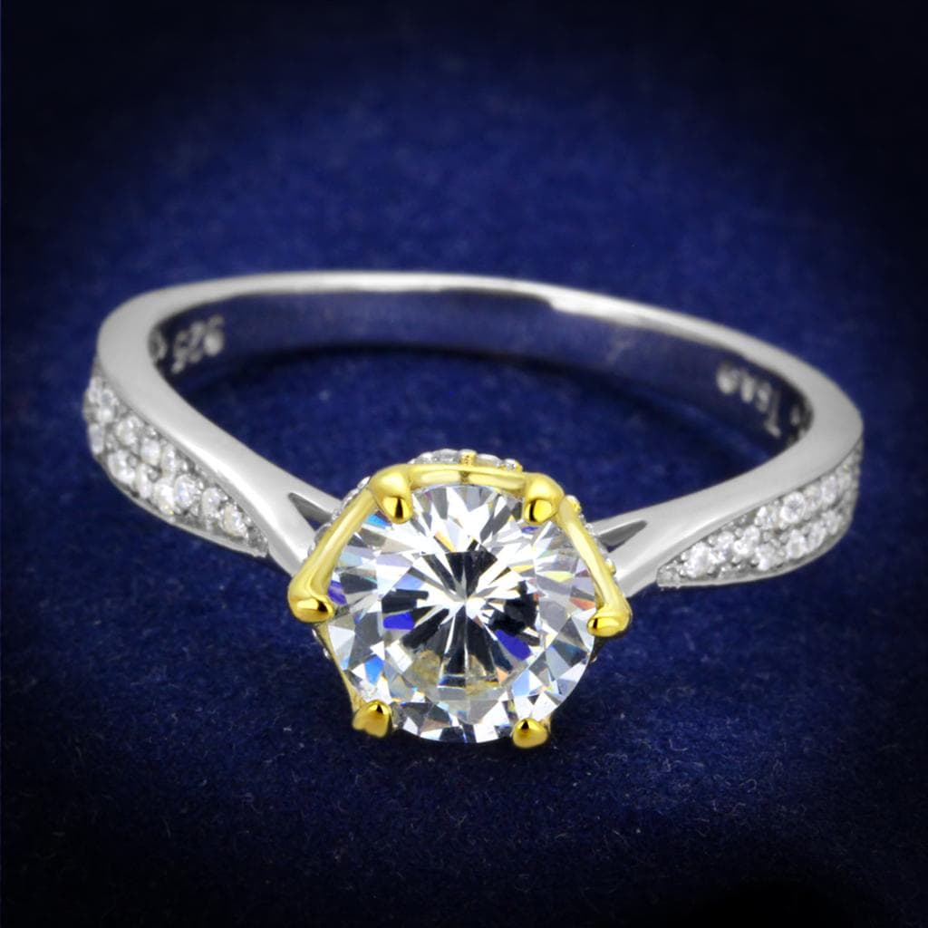 Sterling Silver Gold Two Tone CZ Round Six Prong Pave Ring