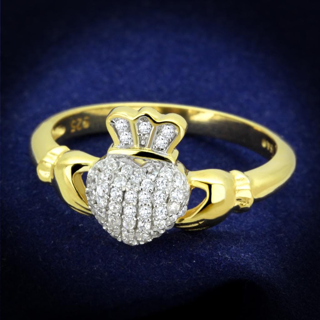Sterling Silver Gold Two Tone CZ Claddagh Crown Heart Ring