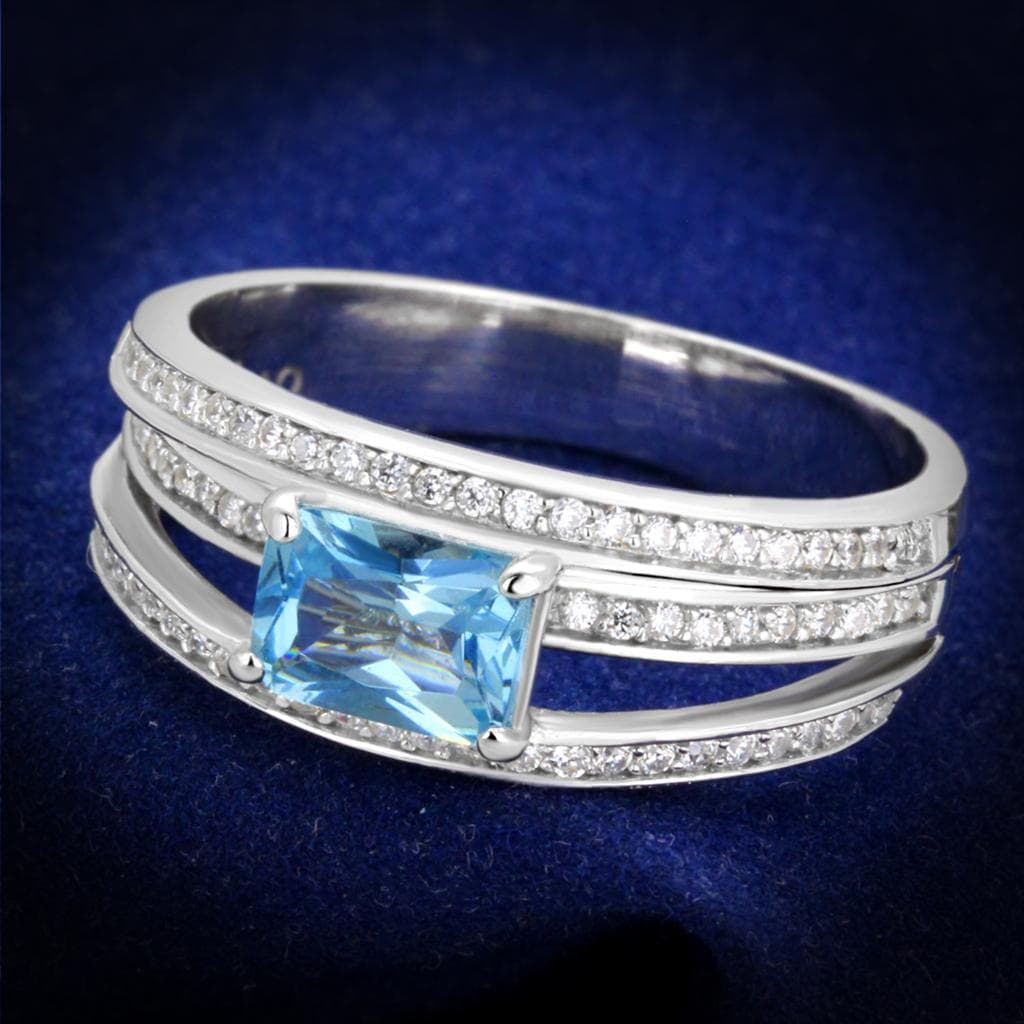 Sterling Silver Blue Topaz Princess Double Band Pave Bridal Ring