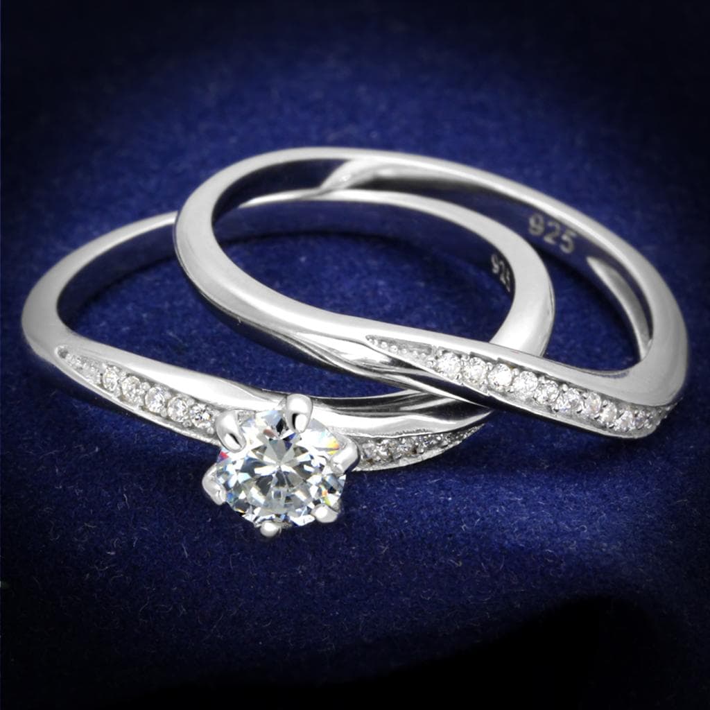 Sterling Silver CZ Round Twist Split Pave Bridal Set Ring