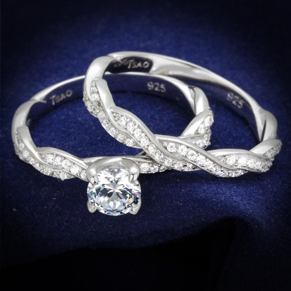 Sterling Silver CZ Round Solitaire Twisted Pave Ring