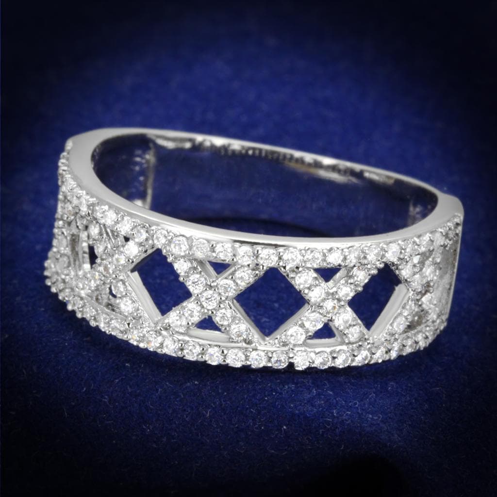 Sterling Silver CZ Pave X Lattice Crossover Wide Ring
