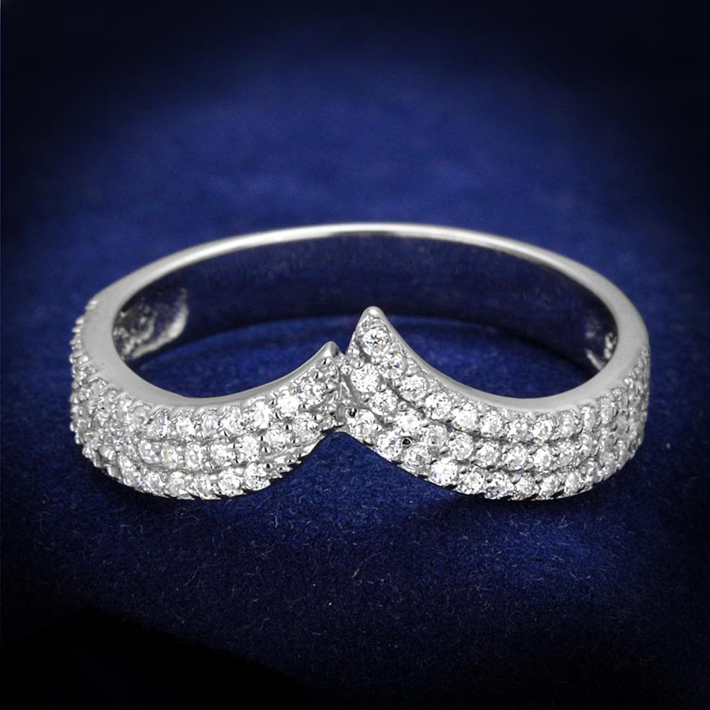 Sterling Silver CZ Pave Crown V Chevron Double Ring
