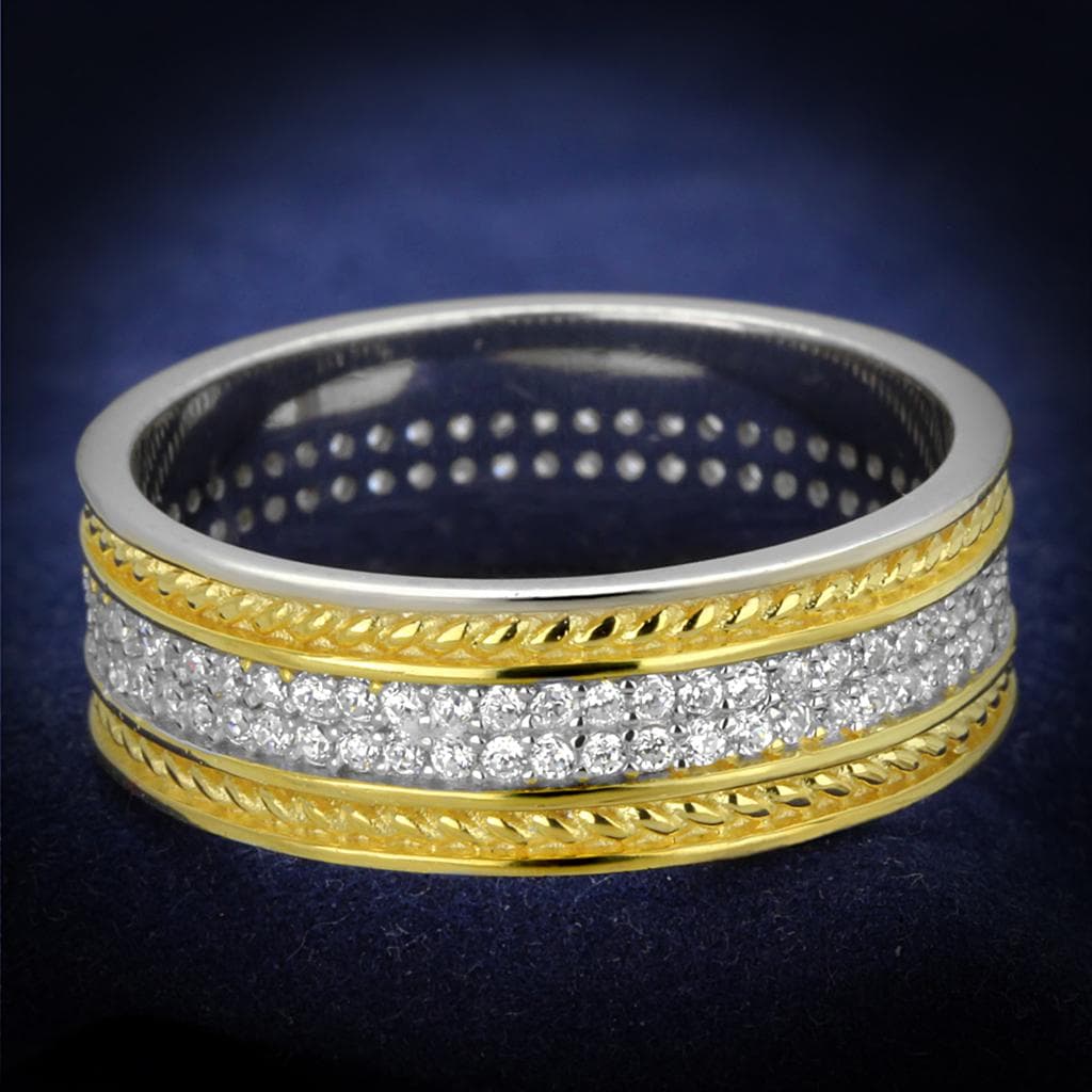 Sterling Silver Gold Two Tone CZ Pave Rope Edge Eternity Ring