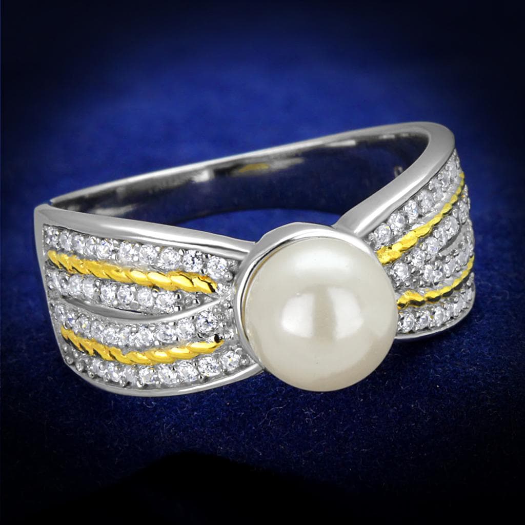 Sterling Silver Gold Two Tone Pearl CZ Pave X Row Ring