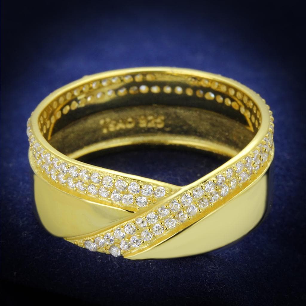 Sterling Silver Gold Two Tone CZ Pave Crossover Wide Band Ring