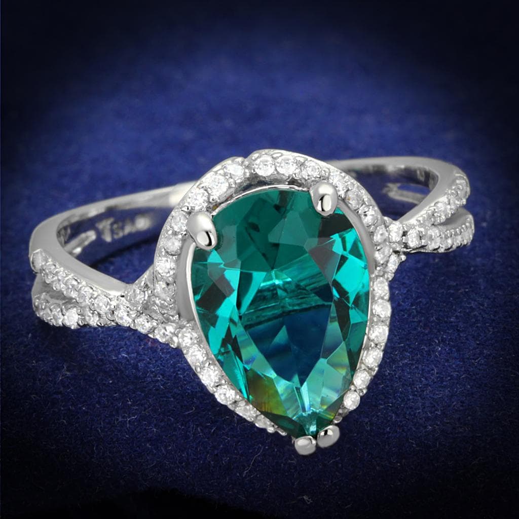 Sterling Silver Green Emerald Pear Halo Split Shank Ring