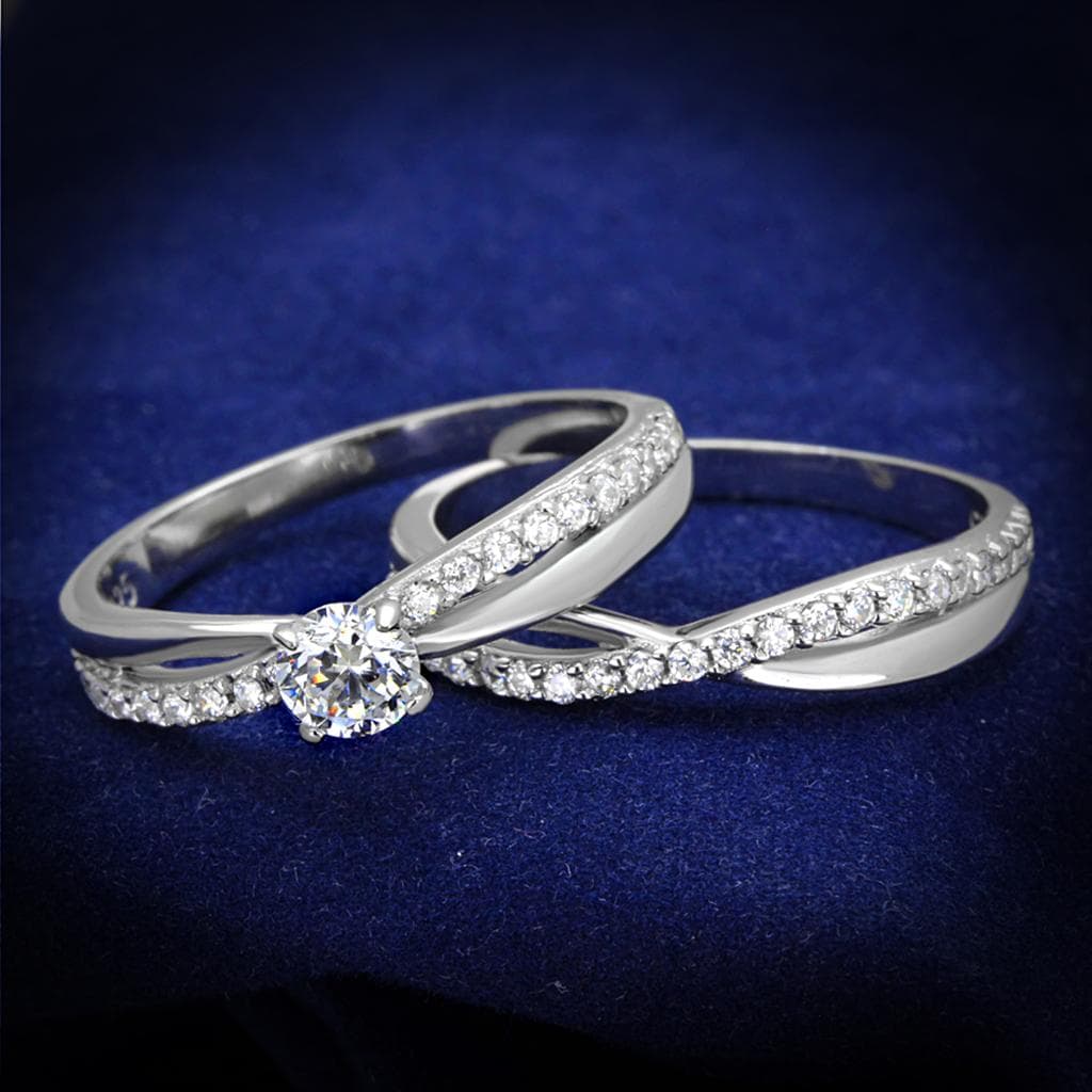 Sterling Silver CZ Round Solitaire Twisted Pave Bridal Set Ring