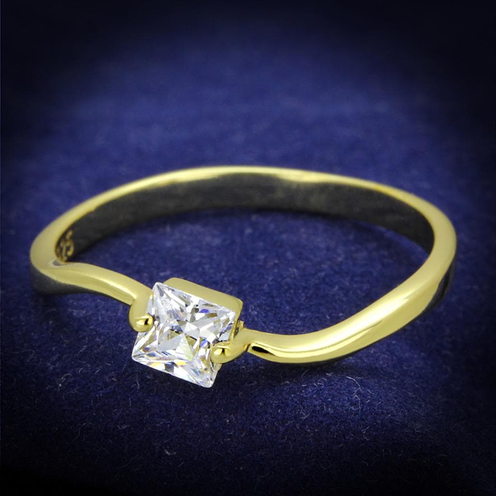Sterling Silver Gold Two Tone CZ Princess Solitaire Thin Ring