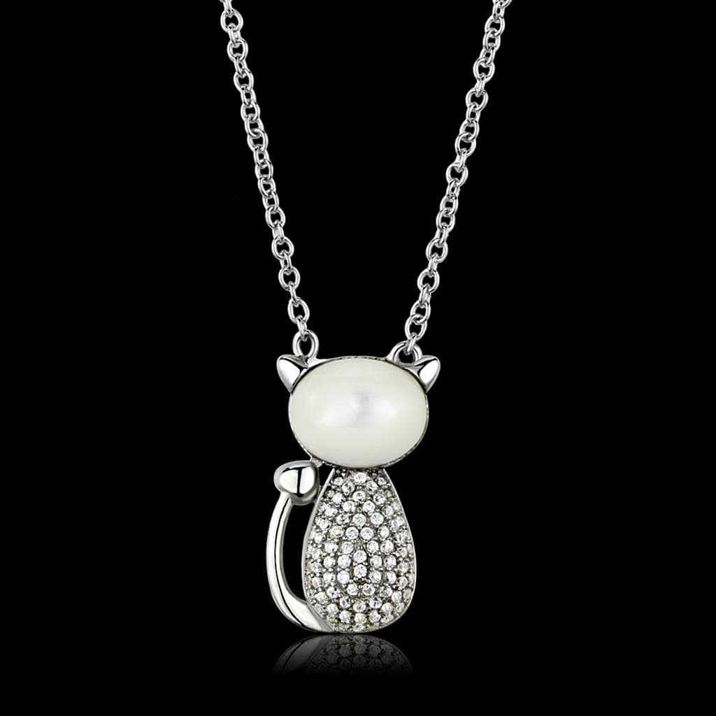 Sterling Silver Pearl CZ Pave Cat Pendant | The Stainless Jewelry