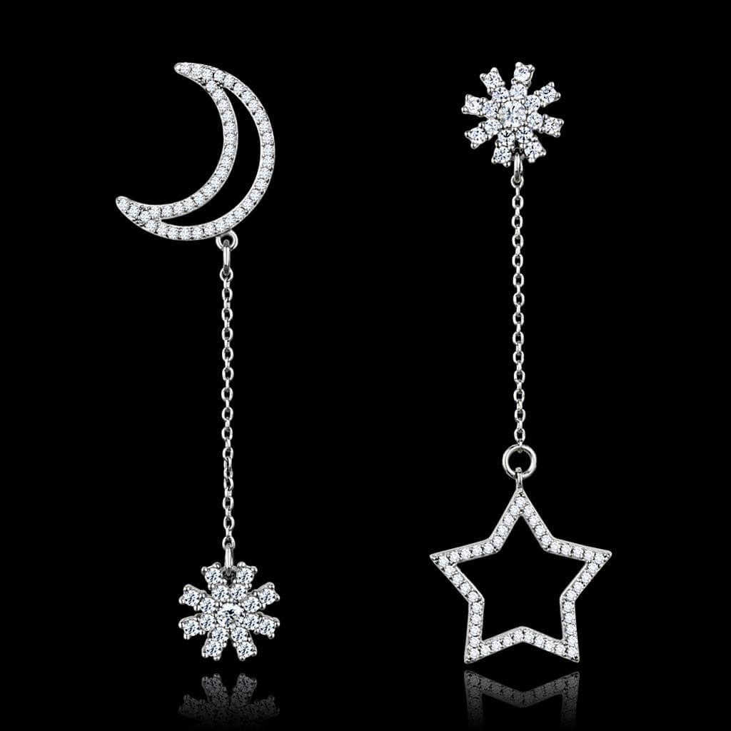 Sterling Silver CZ Moon Star Asymmetric Long Dangle Earrings