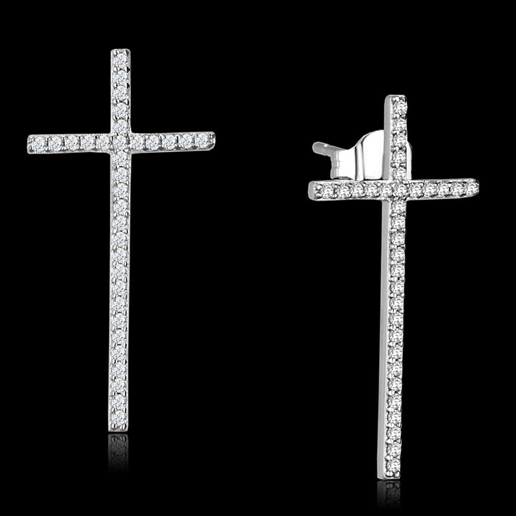 Sterling Silver CZ Pave Cross Large Stud Earrings