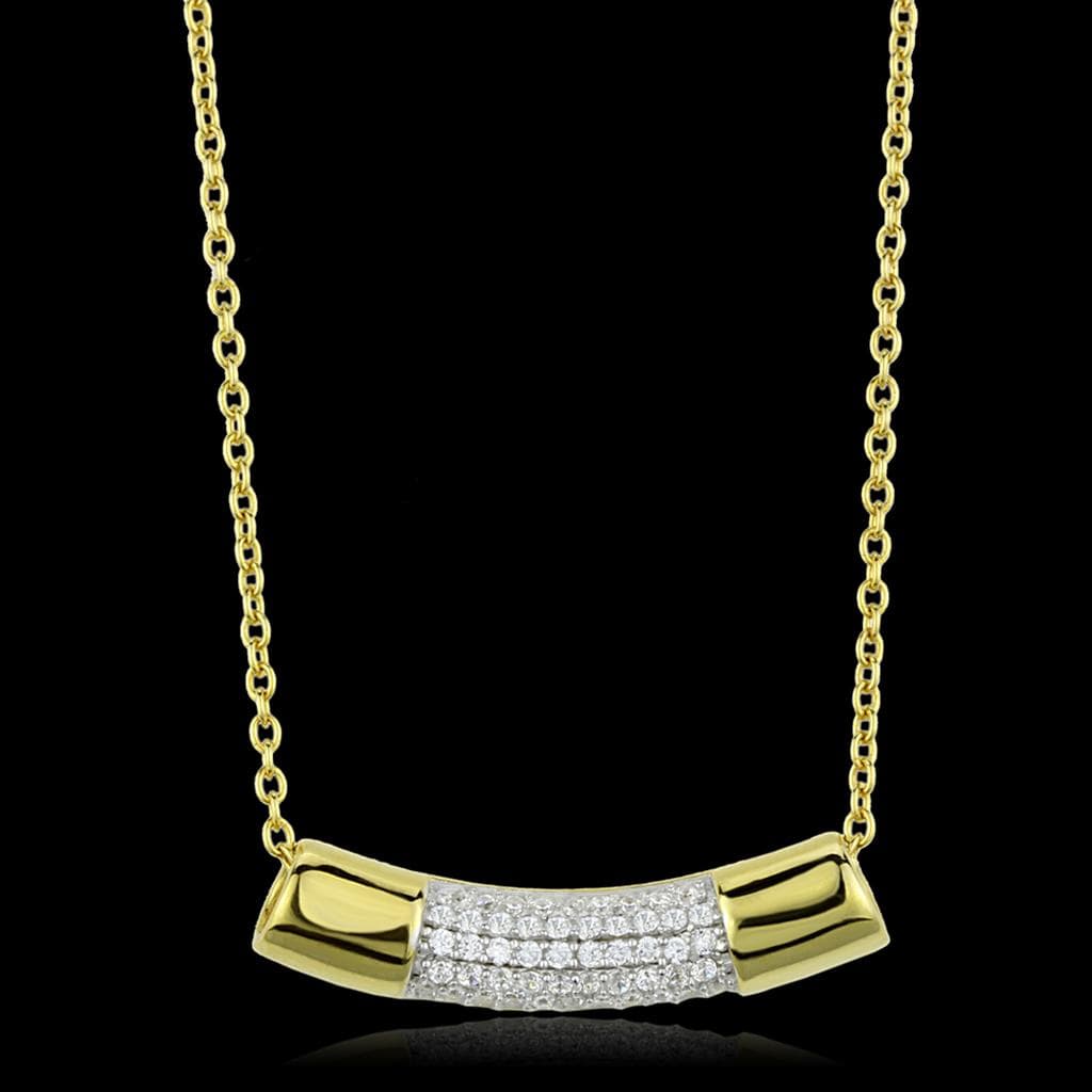 Sterling Silver Gold Two Tone CZ Pave Curved Bar Pendant