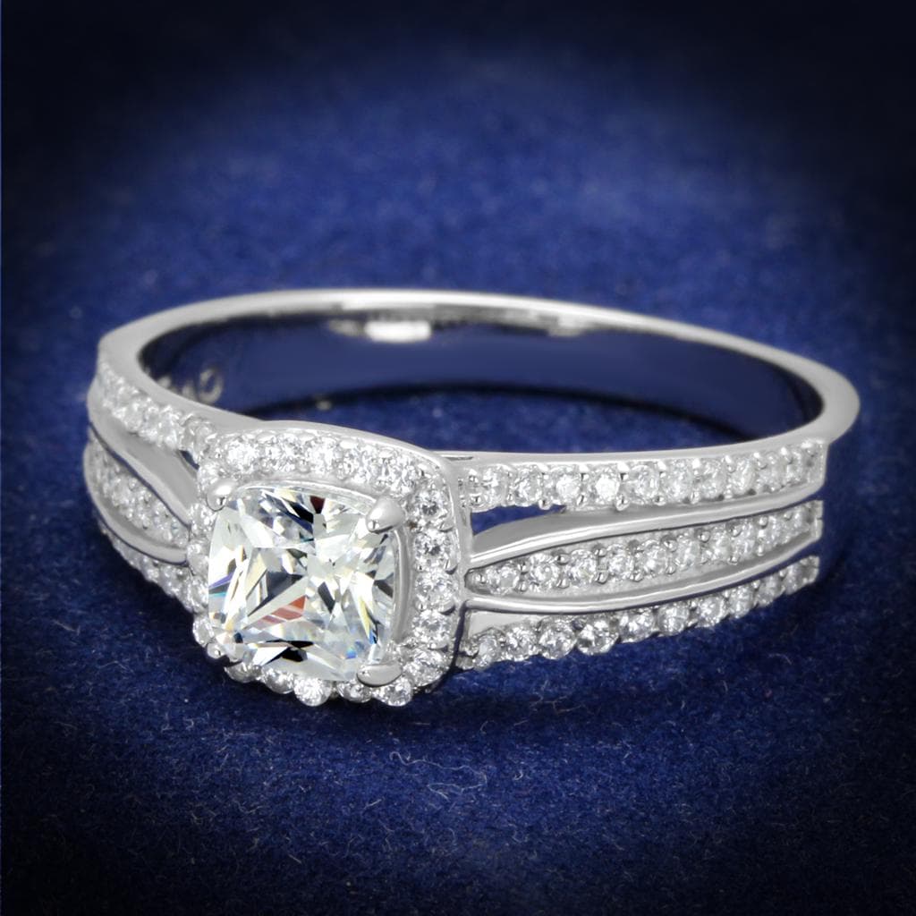 Sterling Silver CZ Cushion Halo Double Row Pave Ring