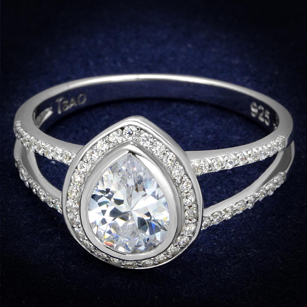 Sterling Silver CZ Pear Bezel Halo Split Shank Pave Ring
