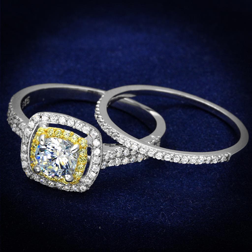 Sterling Silver Gold Two Tone CZ Cushion Halo Pave Bridal Ring