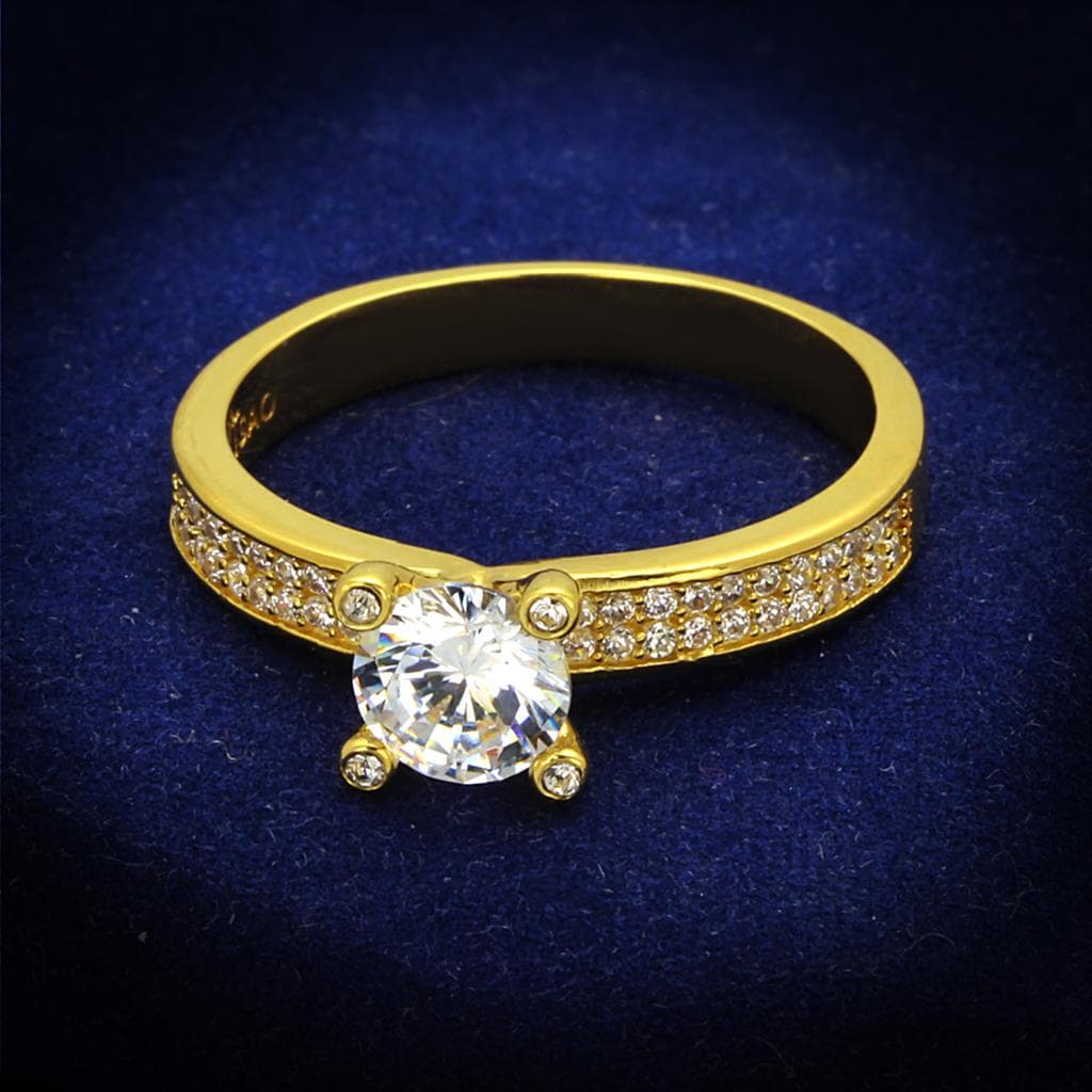 Sterling Silver Gold Two Tone CZ Round Solitaire Milgrain Ring