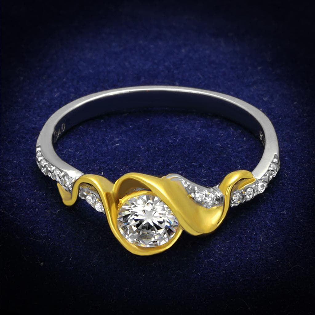 Sterling Silver Gold Two Tone CZ Round Wave Bypass Pave Ring