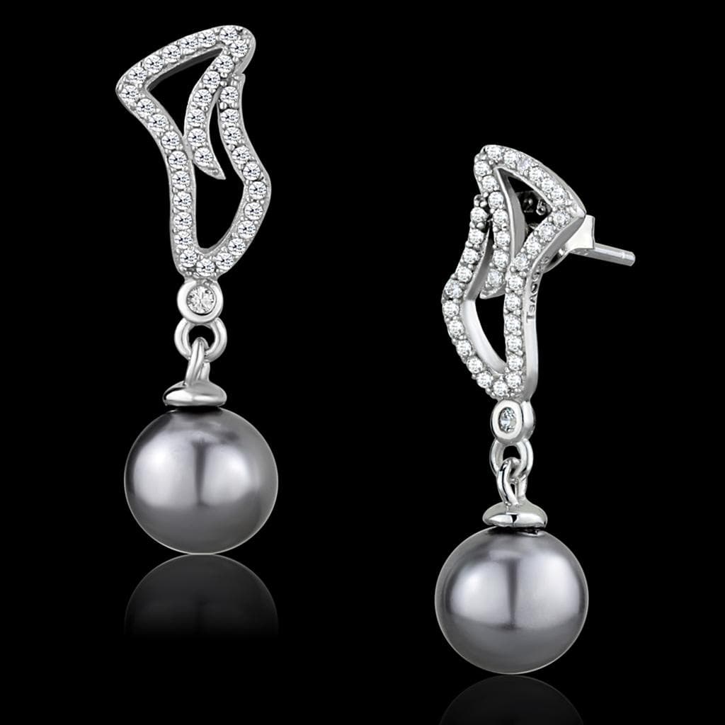 Sterling Silver CZ Wave Grey Tahitian Pearl Drop Earrings