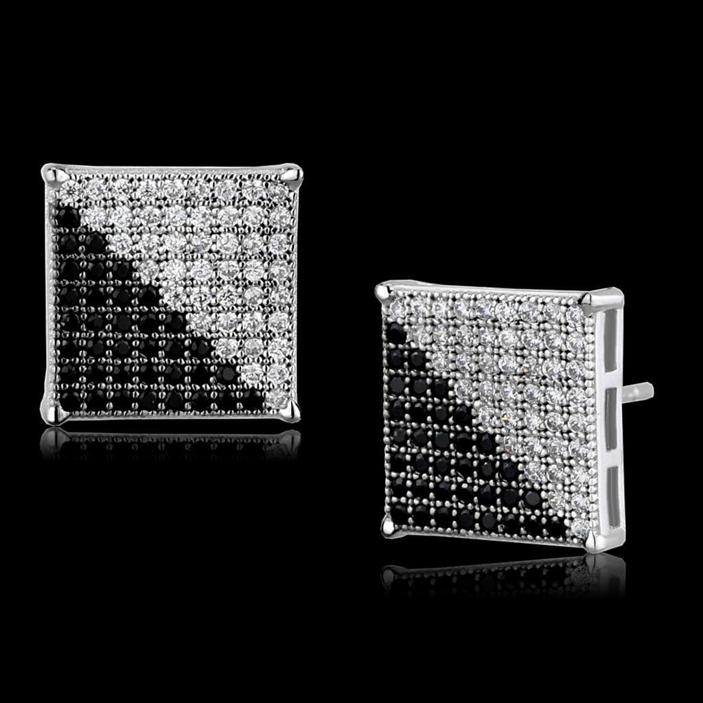 Sterling Silver Black White CZ Pave Square Frame Stud Earrings