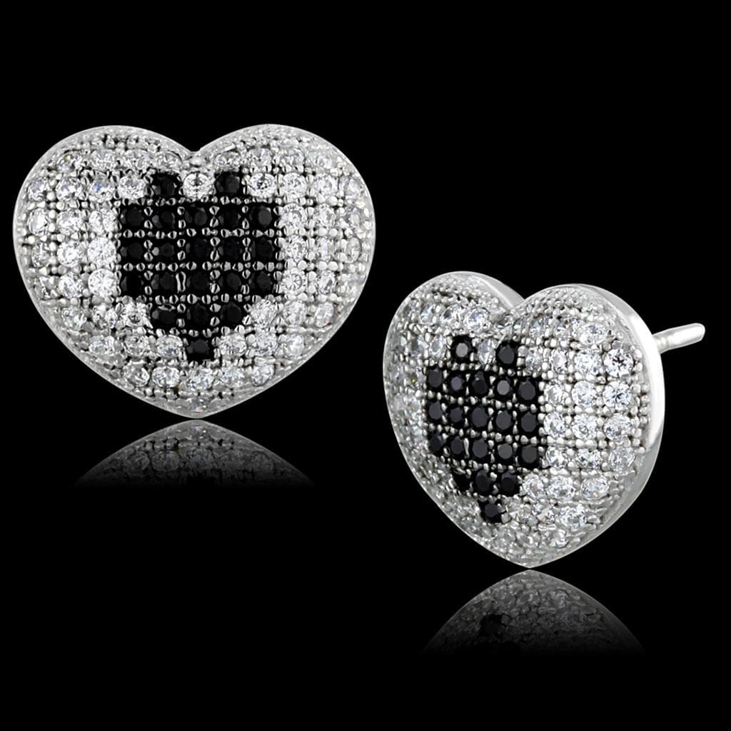 Sterling Silver Black White CZ Pave Heart Stud Earrings