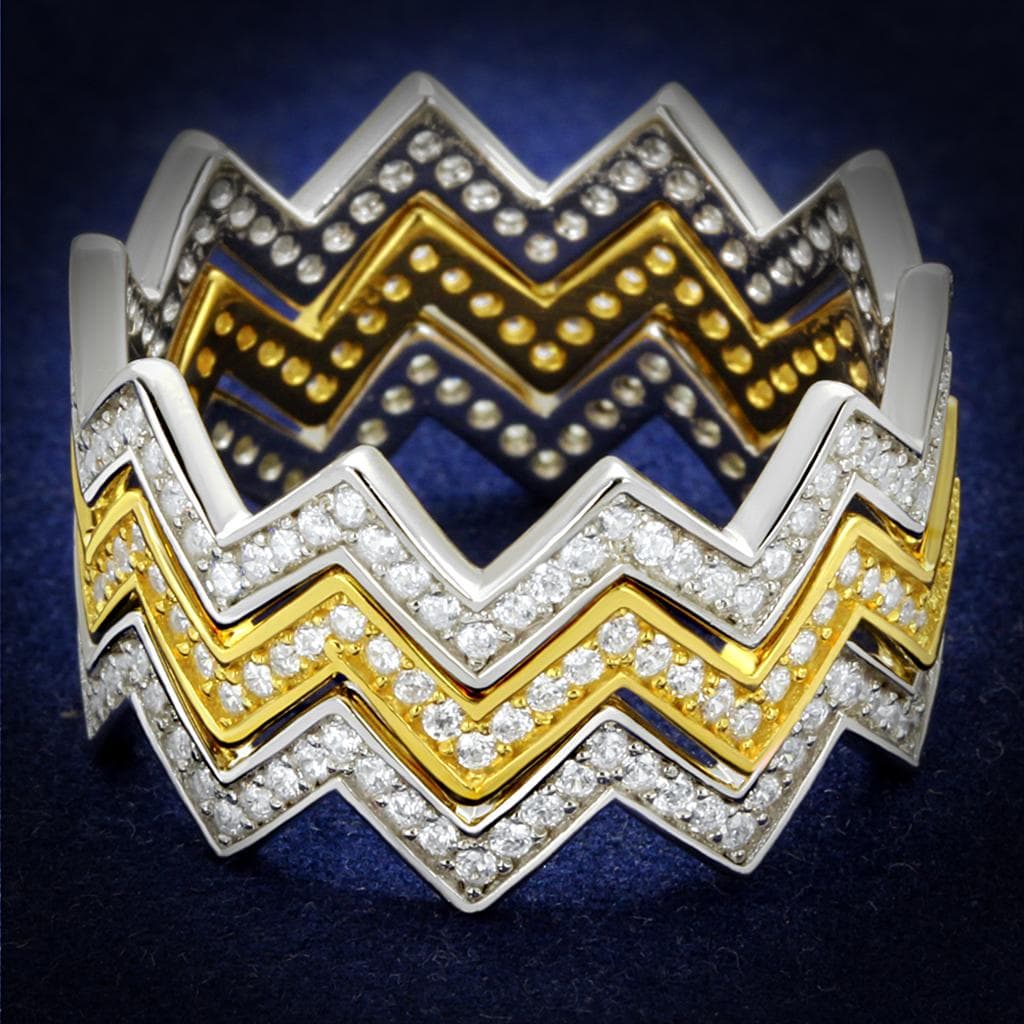 Sterling Silver Gold Two Tone CZ Zigzag Chevron Stack Triple Ring