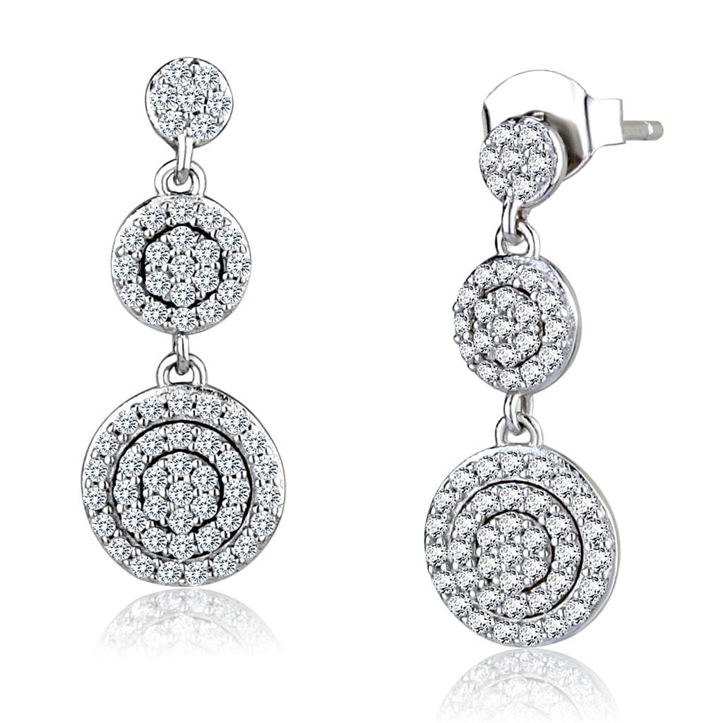 Sterling Silver CZ Pave Triple Circle Halo Drop Earrings