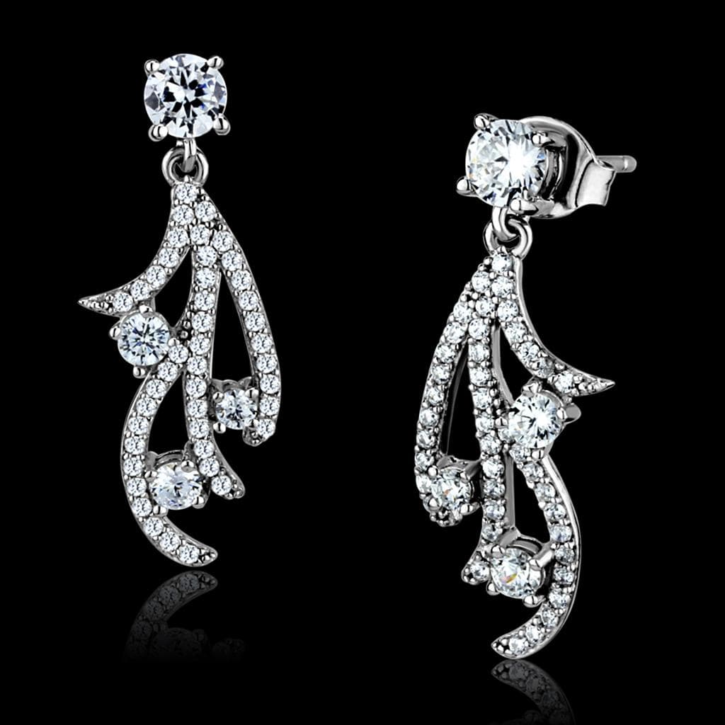 Sterling Silver CZ Pave Ribbon Scroll Long Dangle Earrings