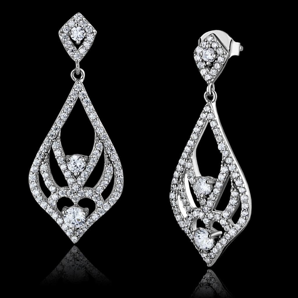 Sterling Silver CZ Pave Teardrop Nested Open Long Drop Earrings