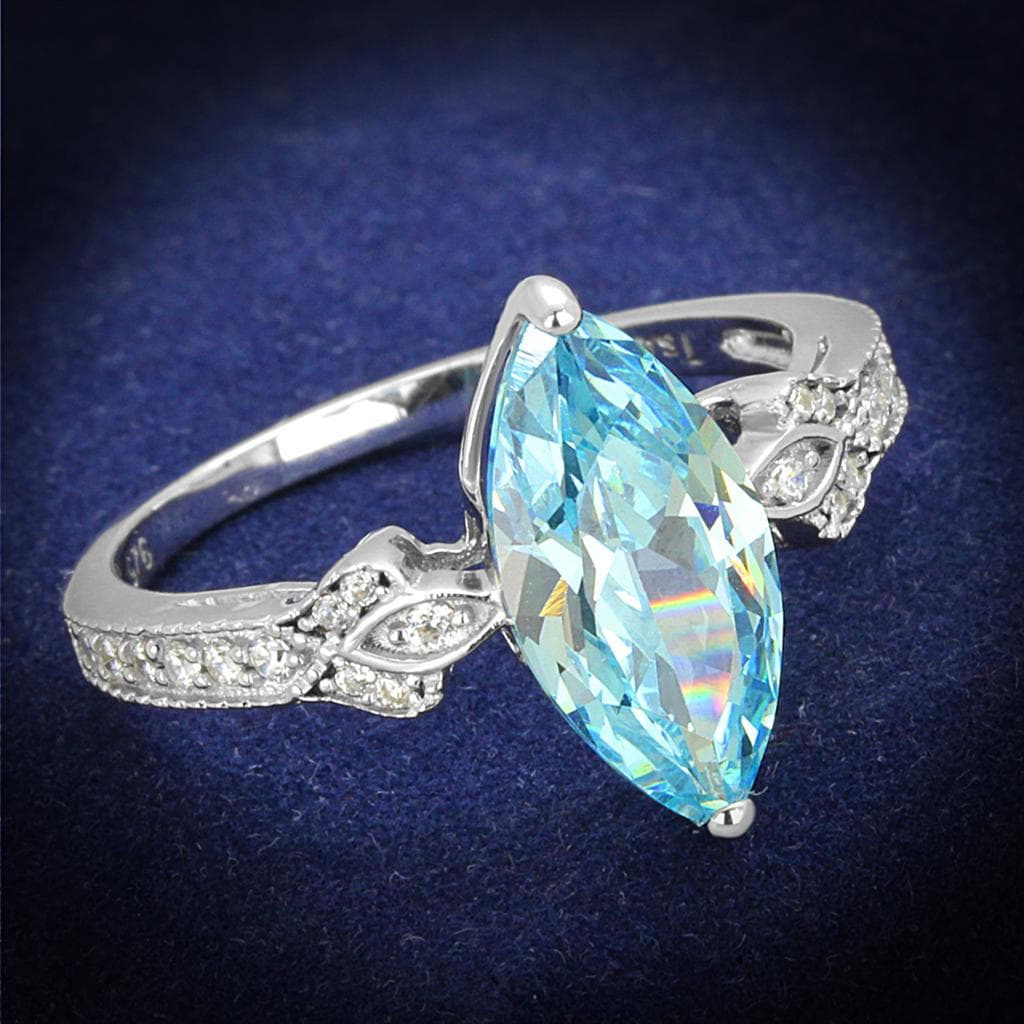 Sterling Silver Aqua CZ Marquise Large Halo Pave Ring